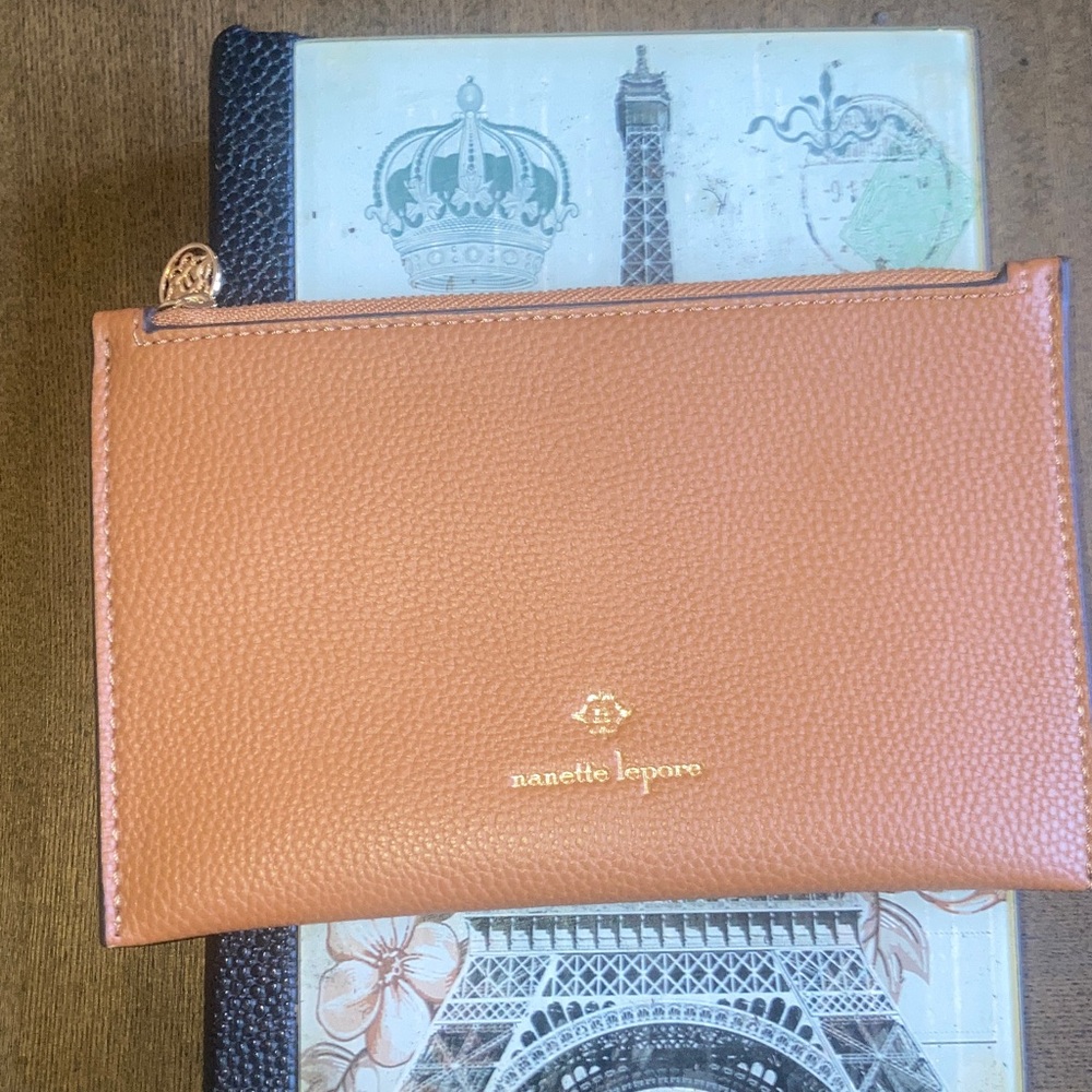 Nanette Lepore Pebbled Tan Leather Zip Pouch with Gold Logo